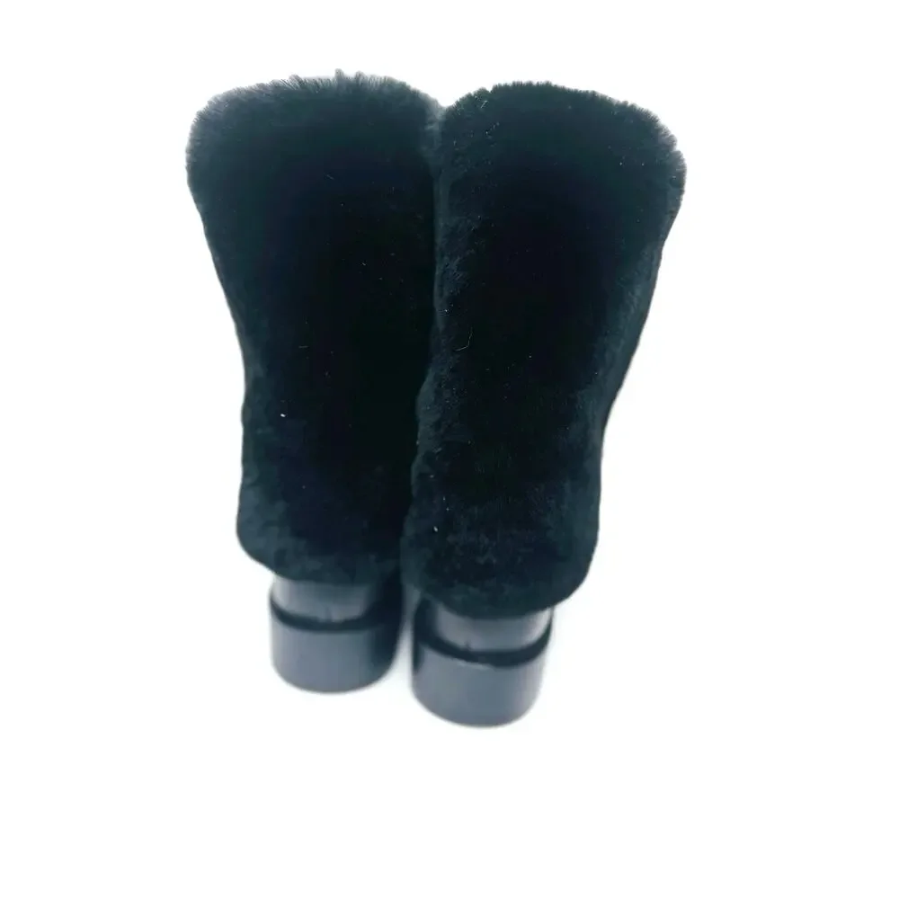 Chanel Black Fur Calfskin Fold Over CC Logo Ankle Boots Women Size EU 37.5